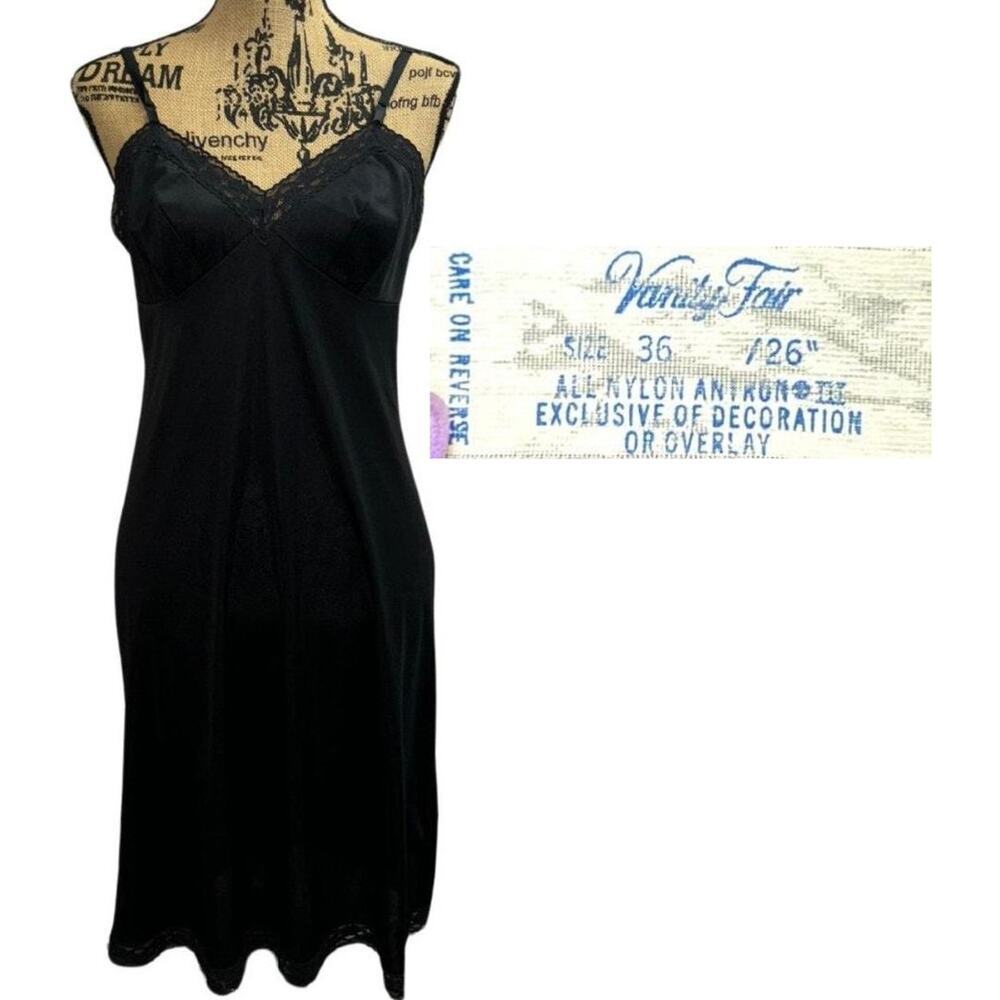 60s Vanity Fair Midi Slip Dress Black Nylon Lace Size 36 Vintage Romantic Grunge